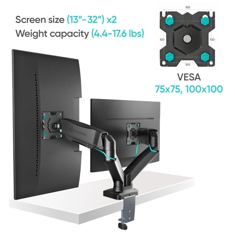 ONKRON Dual Monitor Mount for Two 13 - 32 Inch Screens up to 17.6 lbs (x2), Gas Spring Dual Monitor Arm Stand, VESA 75x75 & 100x100, Adjustable Double Monitor Mount with Swivel, Tilt, Rotation Black - Image 5